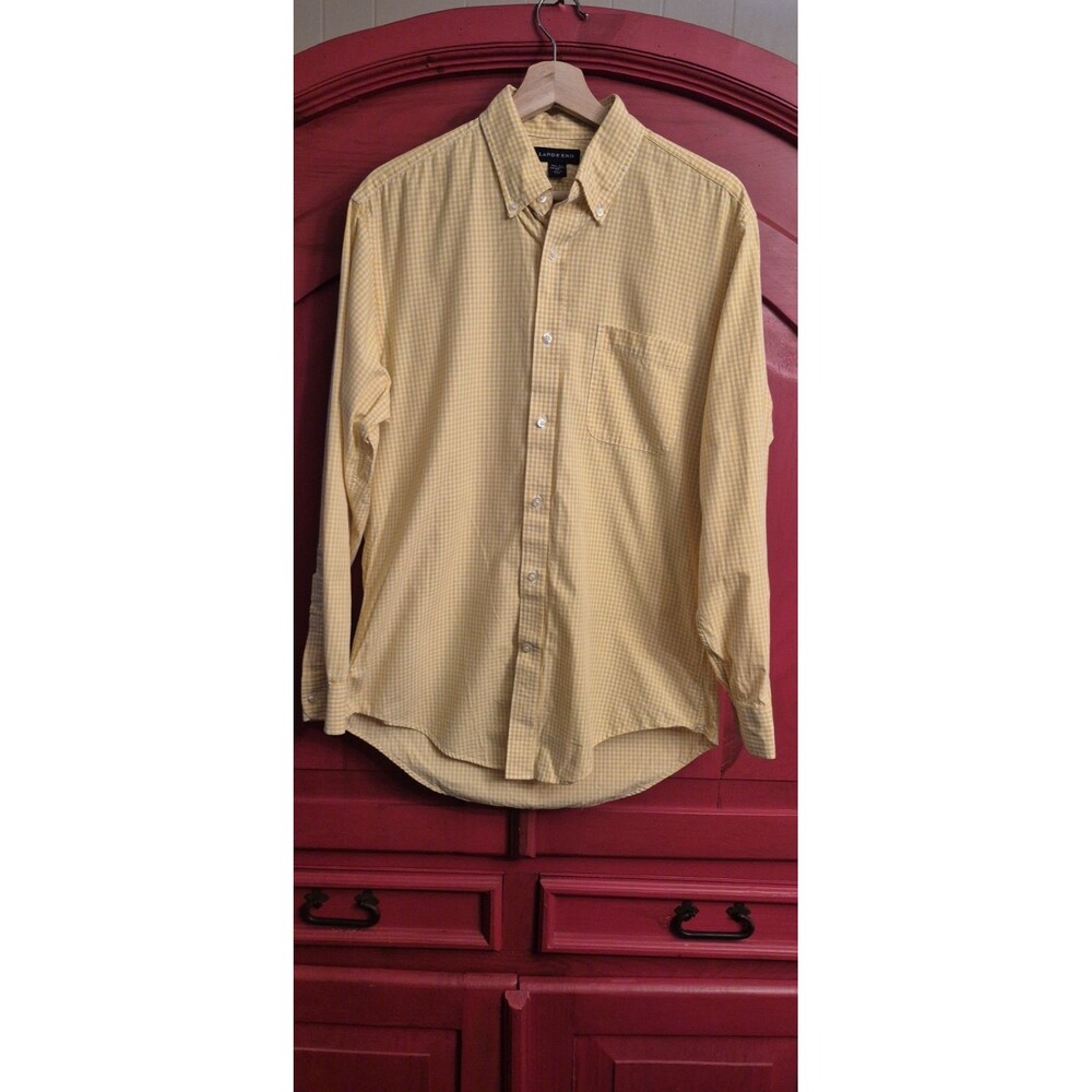 NWOT Lands End M 15-15.5 Tailored Fit Yellow Gingham Check One Pocket